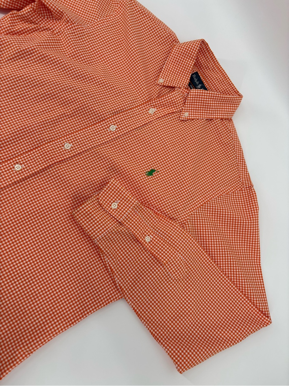 Ralph Lauren Mens Shirt Medium Orange White Gingham Check Custom Fit Long Sleeve
